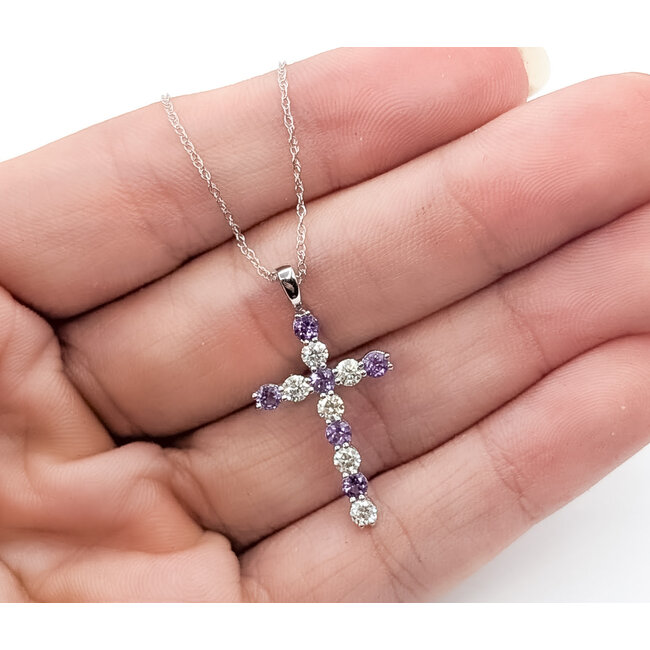 Pendant Cross W/Chain 0.40ctw Round Diamonds 0.36ctw Purple Amethyst 10kw 18" 1.51g 126040086