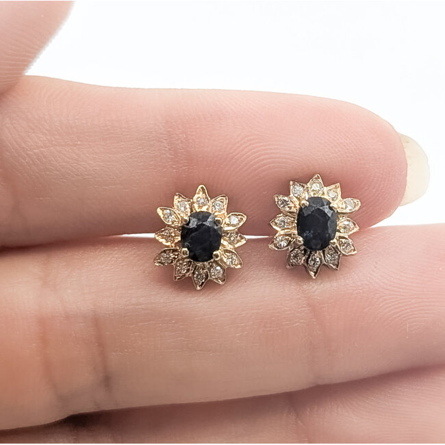Earrings Stud Halo .16ctw Round Diamonds .70ctw Teal Blue Sapphire 10ky .4.3" 2.23g 226050029