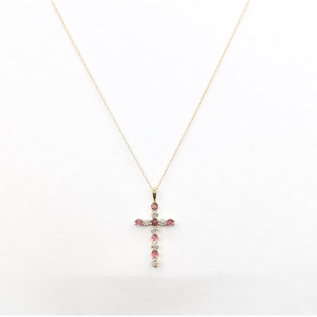 Pendant Cross W/Chain 0.40ctw Round Diamonds 0.50ctw Pink Tourmaline 10ky 18" 1.39g 126040088