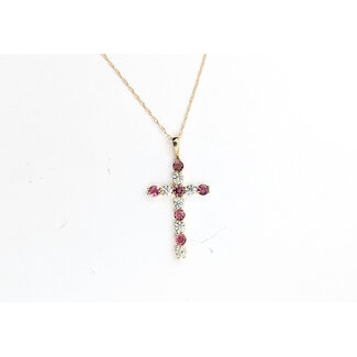 Pendant Cross W/Chain 0.40ctw Round Diamonds 0.50ctw Pink Tourmaline 10ky 18" 1.39g 126040088