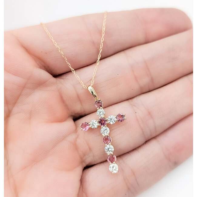 Pendant Cross W/Chain 0.40ctw Round Diamonds 0.50ctw Pink Tourmaline 10ky 18" 1.39g 126040088