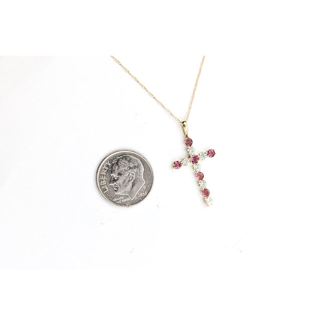 Pendant Cross W/Chain 0.40ctw Round Diamonds 0.50ctw Pink Tourmaline 10ky 18" 1.39g 126040088