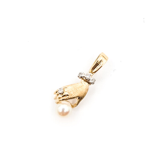 Pendant Hand .03ctw Round Diamonds 5mm White Pearl 10ky .9x.25" 1.38g 226050034