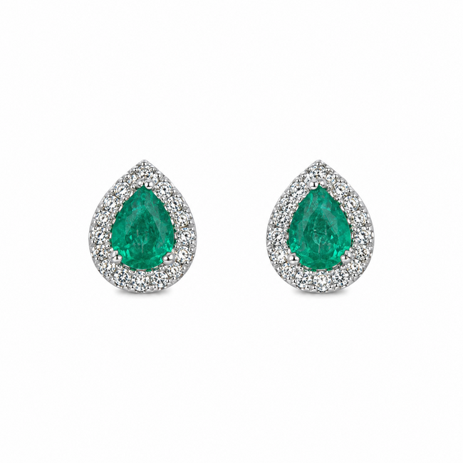 Earrings Stud Tear Drop 0.17ctw Round Diamonds 0.25ctw Green Emerald 14kw 7x5mm 1.04g 126040089