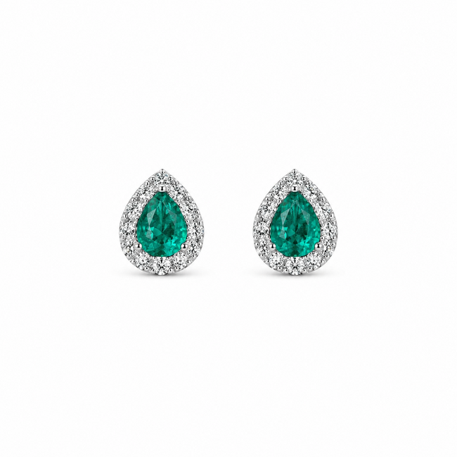 Earrings Stud Tear Drop 0.17ctw Round Diamonds 0.25ctw Green Emerald 14kw 7x5mm 1.04g 126040089