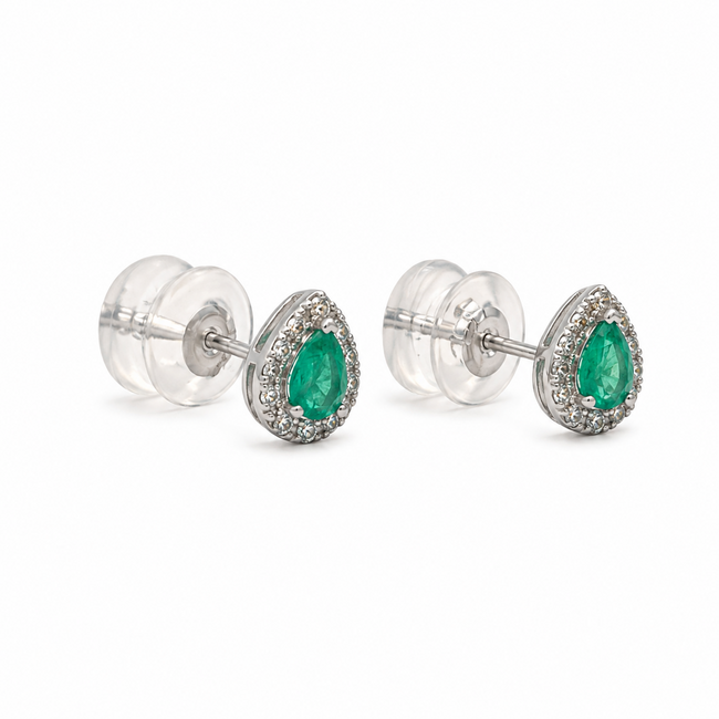 Earrings Stud Tear Drop 0.17ctw Round Diamonds 0.25ctw Green Emerald 14kw 7x5mm 1.04g 126040089