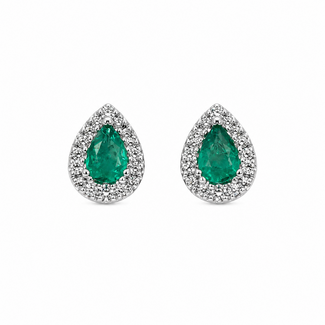 Earrings Stud Tear Drop 0.17ctw Round Diamonds 0.25ctw Green Emerald 14kw 7x5mm 1.04g 126040089