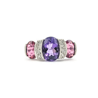 Ring 3-Stone Milgrain .07ctw Round Diamonds  1.7ct Purple Amethyst 2.4ctw Pink Tourmaline 14kw 2mm Sz6.5 3.98g 226050042