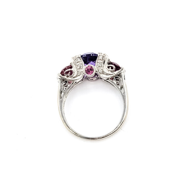 Ring 3-Stone Milgrain .07ctw Round Diamonds  1.7ct Purple Amethyst 2.4ctw Pink Tourmaline 14kw 2mm Sz6.5 3.98g 226050042