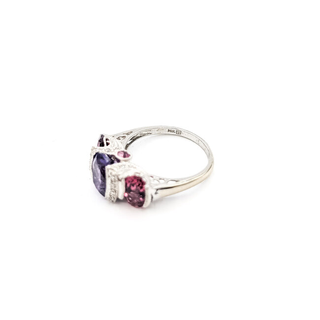 Ring 3-Stone Milgrain .07ctw Round Diamonds  1.7ct Purple Amethyst 2.4ctw Pink Tourmaline 14kw 2mm Sz6.5 3.98g 226050042