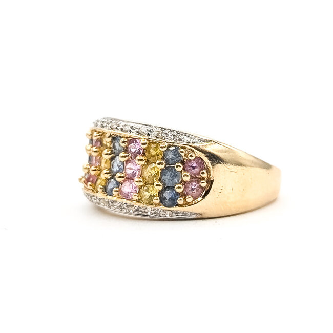 Ring Cluster .10ctw Round Diamonds 1.50ctw Pastel Blue, Yellow, Pink Sapphire 14ky 10mm Sz8.5 5.99g 226050039