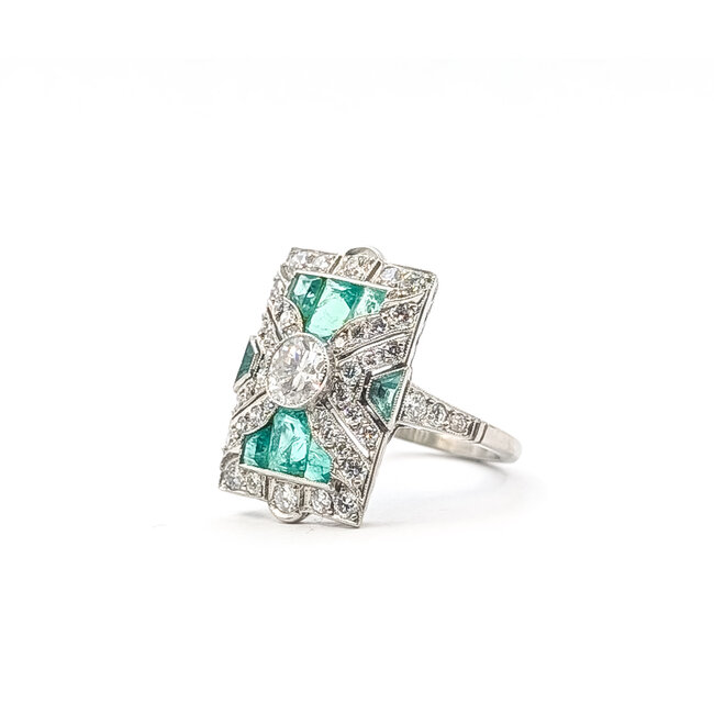Ring Shield 1.76ctw Round Diamonds 3.82ctw Green Emeralds 900pt 22x14.5mm Sz7 7.2g 126060002