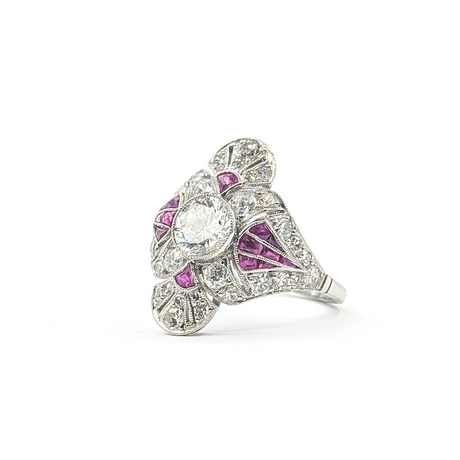 Ring Scalloped Cross Shield .82ctw Round Diamonds 1.05ctw Red Rubies 900pt 21mm Sz6 5.5g 126060007