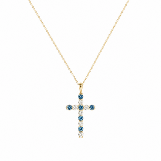 Pendant Cross W/Chain 0.40ctw Round Diamonds 0.45ctw London Blue Topaz 10ky 18" 1.49g 126040087