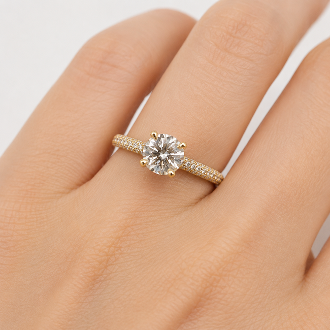 Ring Pave 1.2ct Round Lab Grown Diamond IGI Report: 773620490 VS1 D 1ctw Near Colorless Diamonds 18ky Sz6 3.2g 125120062