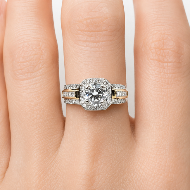 Ring Engagement Square Halo 1.09ct Round Lab Grown Diamond IGI Report: 715503689 VVS2 E 1ctw Diamonds 14ktt 5.3mm Sz6.5 8.6g 126038044
