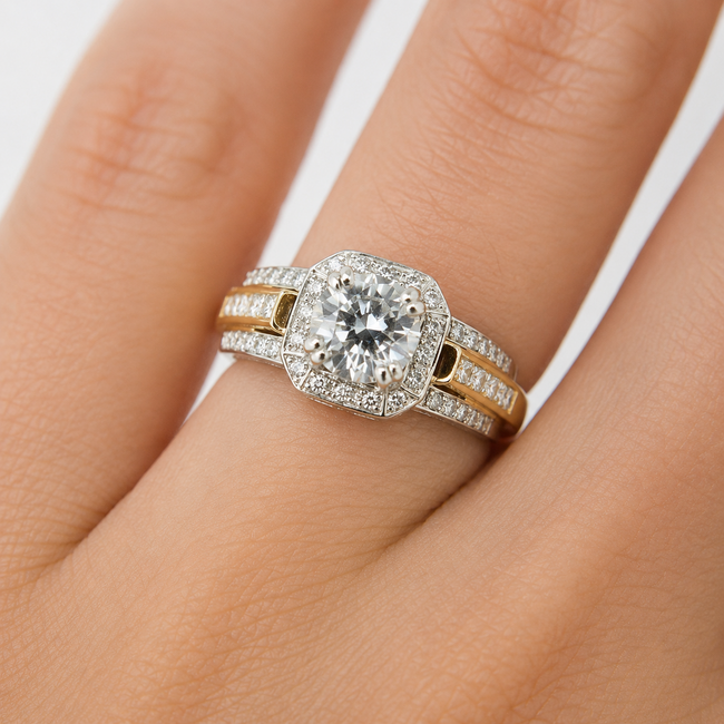 Ring Engagement Square Halo 1.09ct Round Lab Grown Diamond IGI Report: 715503689 VVS2 E 1ctw Diamonds 14ktt 5.3mm Sz6.5 8.6g 126038044