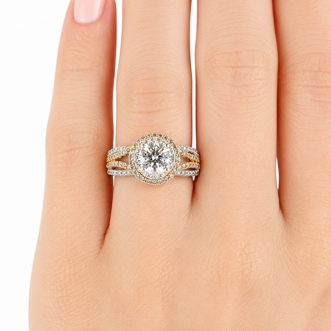 Ring Double Halo Split Shank 1.1ct Round Lab Grown Diamond IGI Report: 708581835 VVS2 D 1ctw Near Colorless Diamonds 14ktt 10mm Sz7 4.9g 125120025