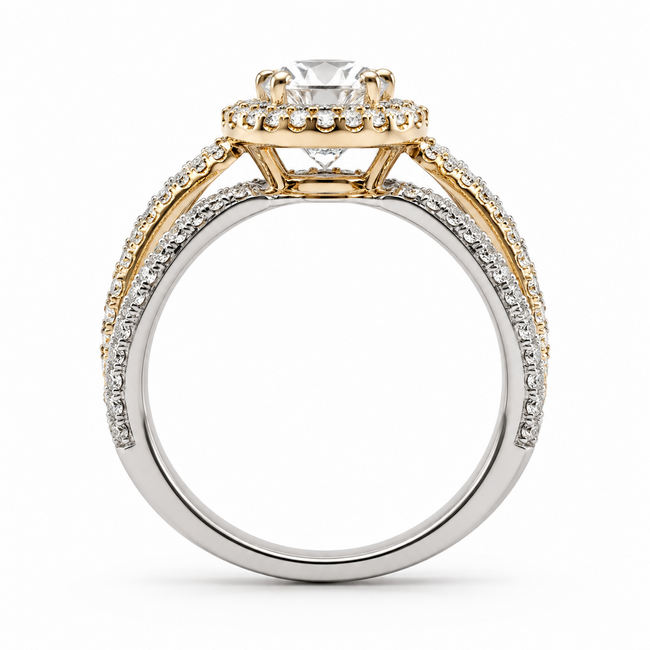 Ring Double Halo Split Shank 1.1ct Round Lab Grown Diamond IGI Report: 708581835 VVS2 D 1ctw Near Colorless Diamonds 14ktt 10mm Sz7 4.9g 125120025