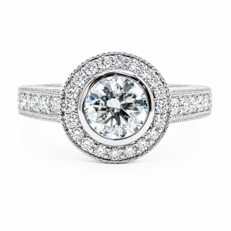 Ring Halo Milgrain 1ct Round Lab Grown Diamond IGI Report: 768604714 VVS2 F 0.75ctw Near Colorless Diamonds 18kw Sz6.5 5.2g 125120048