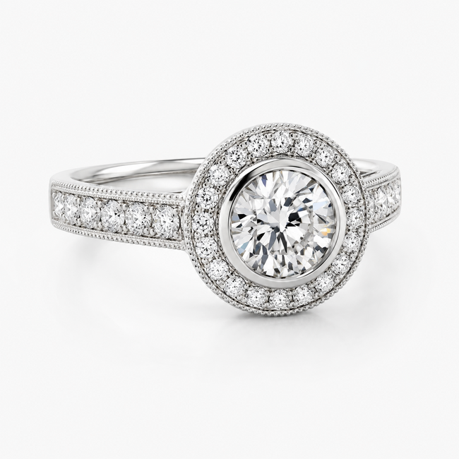 Ring Halo Milgrain 1ct Round Lab Grown Diamond IGI Report: 768604714 VVS2 F 0.75ctw Near Colorless Diamonds 18kw Sz6.5 5.2g 125120048