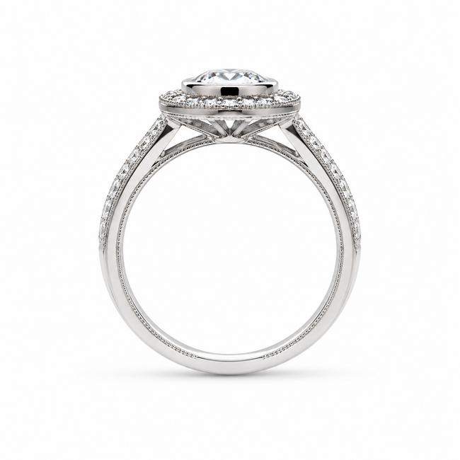 Ring Halo Milgrain 1ct Round Lab Grown Diamond IGI Report: 768604714 VVS2 F 0.75ctw Near Colorless Diamonds 18kw Sz6.5 5.2g 125120048