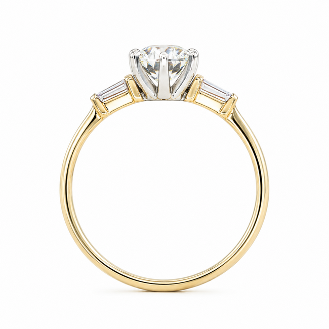 Ring  1.08ct Round Lab Grown Diamond IGI Report: 756535161 VVS2 E .08ctw Baguette Diamonds 14ky Sz7 123120104