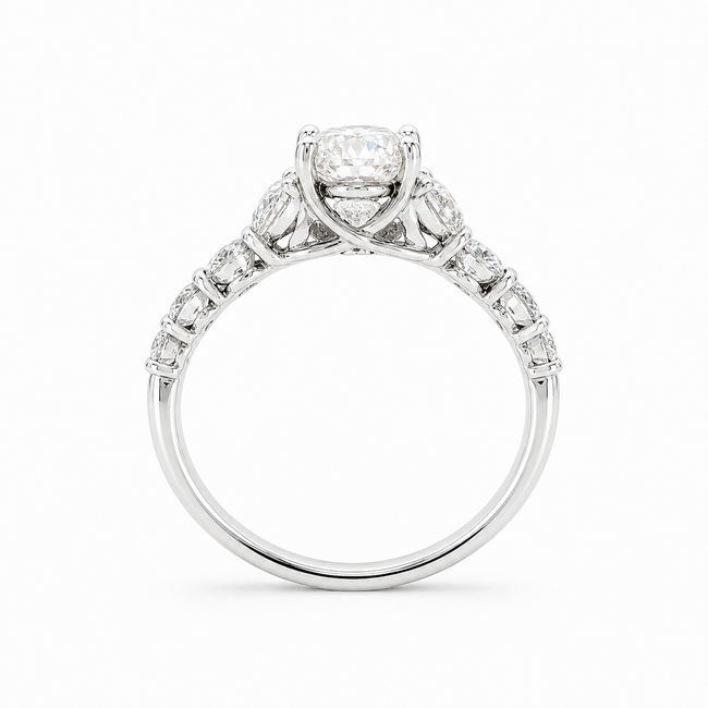 Ring Graduated 1.01ct Oval Lab Grown Diamond IGI Report: 756503774 VVS2 E .90ctw Round Diamonds 14kw 2mm Sz7 2.1g 125060061