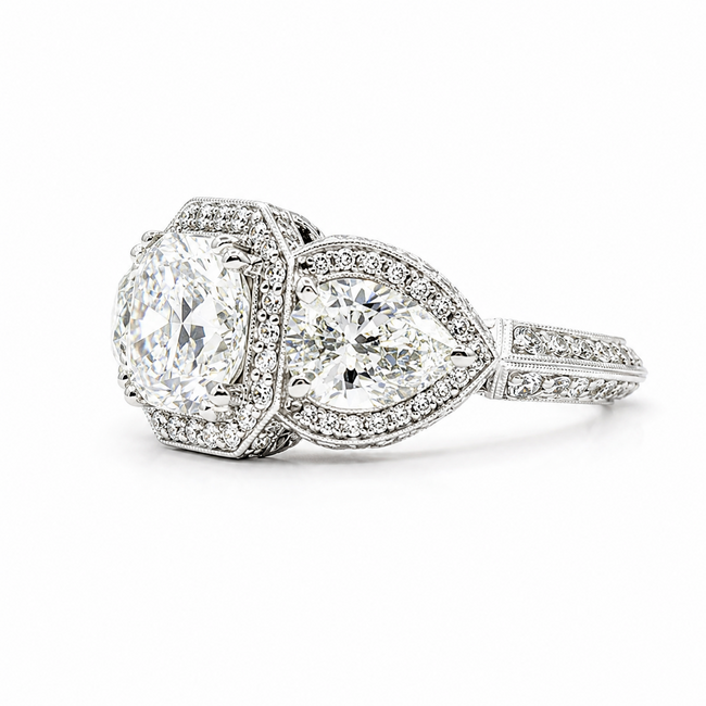 Ring Halo Filigree 2.51ct Cushion Lab Grown Diamond 1.82ctw Pear Lab Grown Diamond 1ctw Near Colorless Diamonds 18kw 12mm Sz7 7.65g 125120032