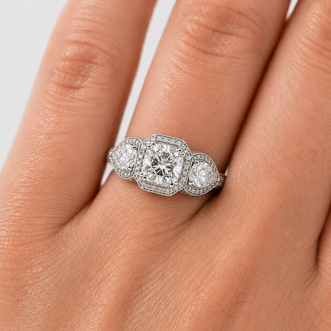 Ring Halo Filigree 2.51ct Cushion Lab Grown Diamond 1.82ctw Pear Lab Grown Diamond 1ctw Near Colorless Diamonds 18kw 12mm Sz7 7.65g 125120032