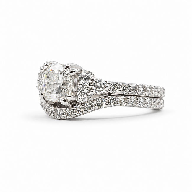 Ring Wedding Set 1.02ct Cushion Lab Grown Diamond IGI: 752524212 1ctw Near Colorless Diamonds 18kw Sz4.5 6.75g 125120093