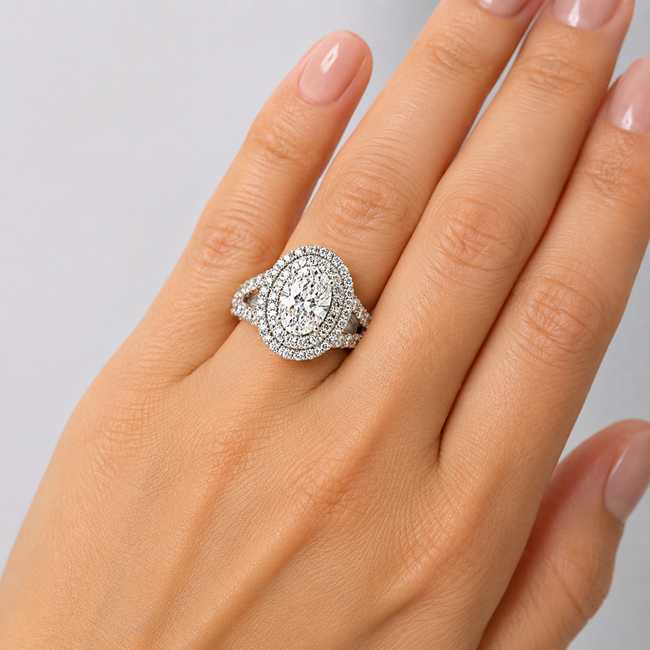 Ring Split Double Halo 1.50ct Oval Lab Grown Diamond 1.50ctw Lab Grown Diamonds IGI: 40J5723624 14kw 16x13.5mm Sz7 8.18g 125090097