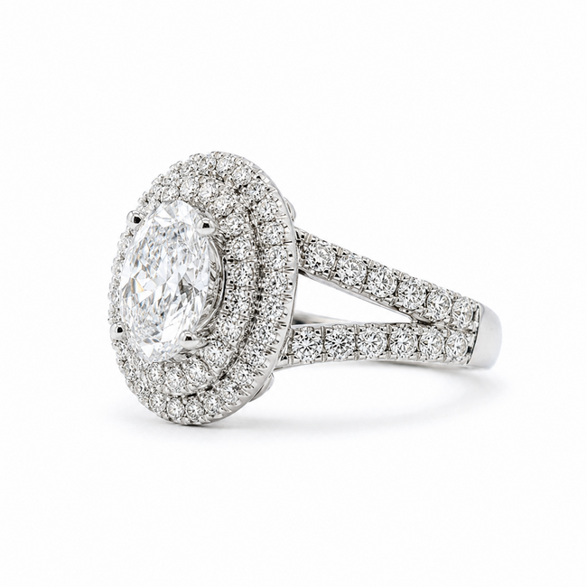 Ring Split Double Halo 1.50ct Oval Lab Grown Diamond 1.50ctw Lab Grown Diamonds IGI: 40J5723624 14kw 16x13.5mm Sz7 8.18g 125090097