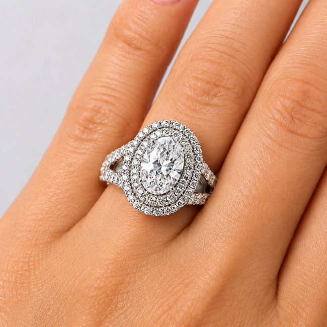 Ring Split Double Halo 1.50ct Oval Lab Grown Diamond 1.50ctw Lab Grown Diamonds IGI: 40J5723624 14kw 16x13.5mm Sz7 8.18g 125090097
