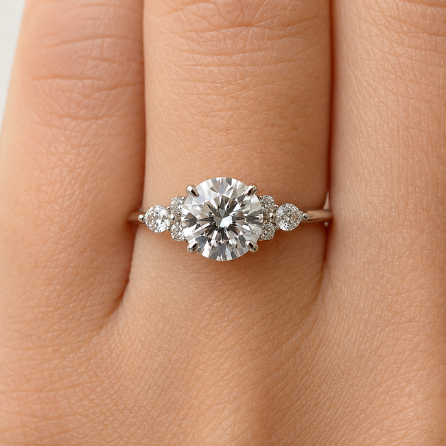 Ring Engagement 7-Across 1.85ct Round Brilliant Lab Grown Diamond IGI: 697520556 .50ctw Diamonds 18kw 1.8mm Sz6 2.7g 125100050