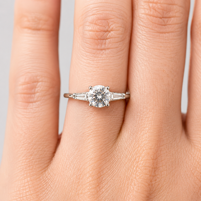 Ring Engagement 3-Stone 1.23ct Round Brilliant Lab Grown Diamond IGI: 705533765 .16ctw 14kw 1.8mm Sz8.5 2.64g 125100042
