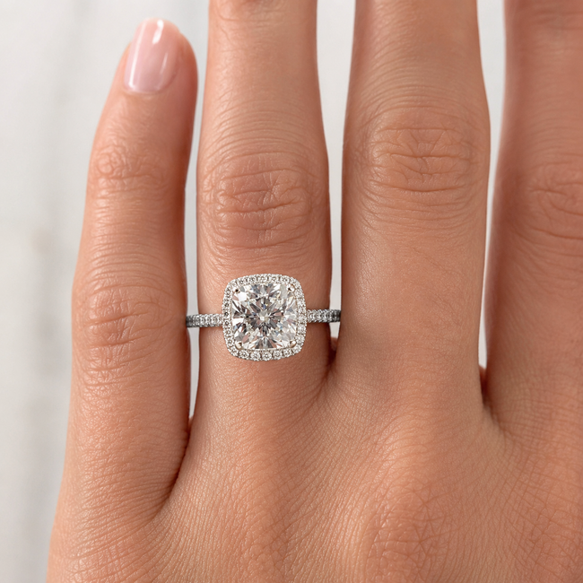 Ring Halo Pave 4.05ct Lab Grown Cushion IGI: 727534529 1ctw Eternity Diamonds 18kw Sz7 4.85g 125120095