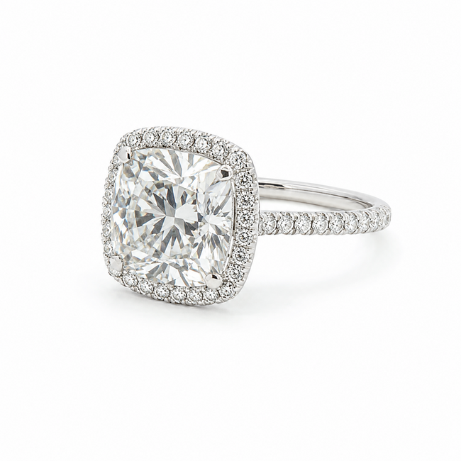 Ring Halo Pave 4.05ct Lab Grown Cushion IGI: 727534529 1ctw Eternity Diamonds 18kw Sz7 4.85g 125120095