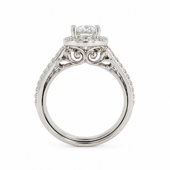 Ring Wedding Set Halo 1.09ct Round Lab Grown Diamond IGI: 763667860  0.7ctw Near Colorless Diamonds 14kw Sz6.5 7.1g 125120091