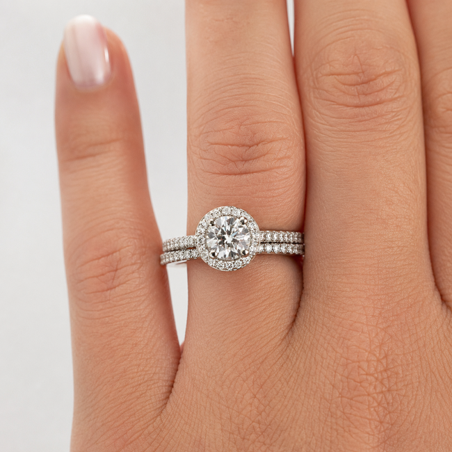 Ring Wedding Set Halo 1.09ct Round Lab Grown Diamond IGI: 763667860  0.7ctw Near Colorless Diamonds 14kw Sz6.5 7.1g 125120091