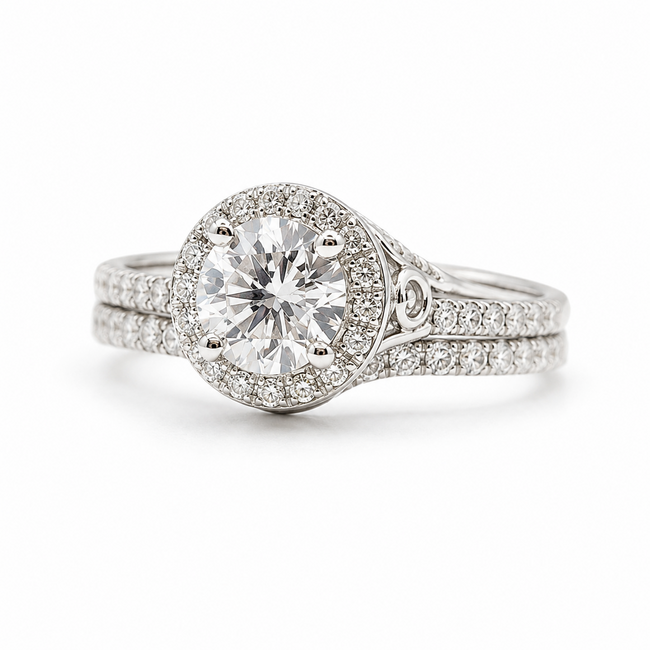 Ring Wedding Set Halo 1.09ct Round Lab Grown Diamond IGI: 763667860  0.7ctw Near Colorless Diamonds 14kw Sz6.5 7.1g 125120091