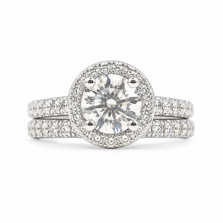 Ring Wedding Set Halo 1.09ct Round Lab Grown Diamond IGI: 763667860  0.7ctw Near Colorless Diamonds 14kw Sz6.5 7.1g 125120091