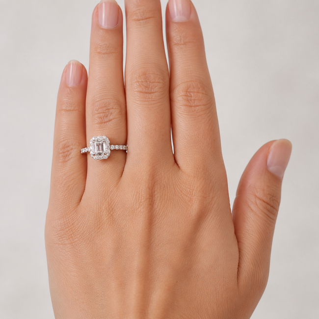 Ring Halo 1.03ct Emerald Lab Grown Diamond IGI: 675551231 0.75ctw Near Colorless Diamonds 14kw 10mm Sz4 2.9g 125120029