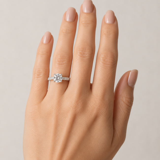Ring Pave 1.00ct Round Lab Grown Diamond IGI: 752538437 1ctw Near Colorless Diamonds 14kw 2.8mm Sz6.25 3.75g 125120015