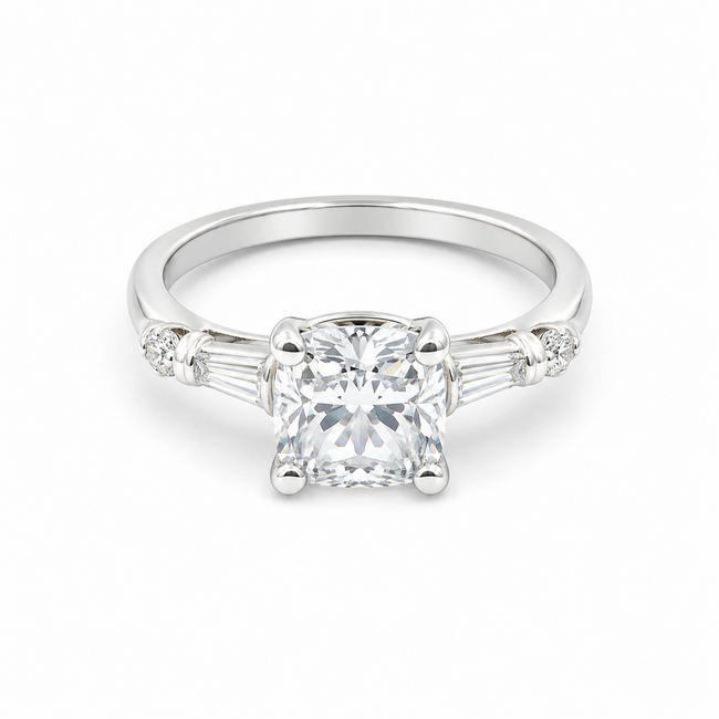 Ring Engagement 1.35ct Cushion Lab Grown Diamond IGI: 722549429 .16ctw Round & Baguette Diamonds Plat 2mm Sz5 3.7g 125100051