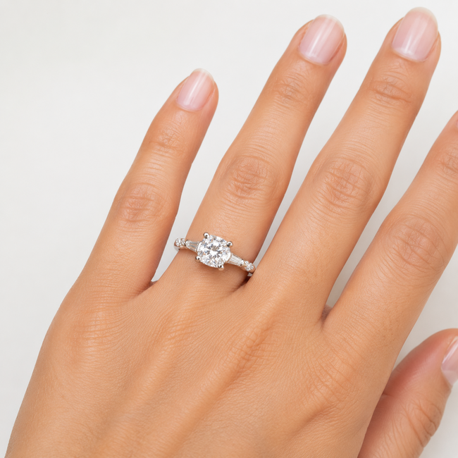 Ring Engagement 1.35ct Cushion Lab Grown Diamond IGI: 722549429 .16ctw Round & Baguette Diamonds Plat 2mm Sz5 3.7g 125100051
