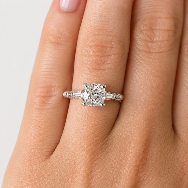 Ring Engagement 1.35ct Cushion Lab Grown Diamond IGI: 722549429 .16ctw Round & Baguette Diamonds Plat 2mm Sz5 3.7g 125100051