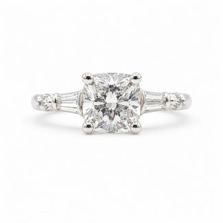 Ring Engagement 1.35ct Cushion Lab Grown Diamond IGI: 722549429 .16ctw Round & Baguette Diamonds Plat 2mm Sz5 3.7g 125100051