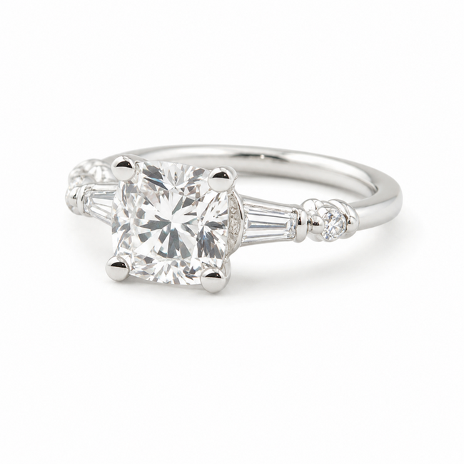 Ring Engagement 1.35ct Cushion Lab Grown Diamond IGI: 722549429 .16ctw Round & Baguette Diamonds Plat 2mm Sz5 3.7g 125100051