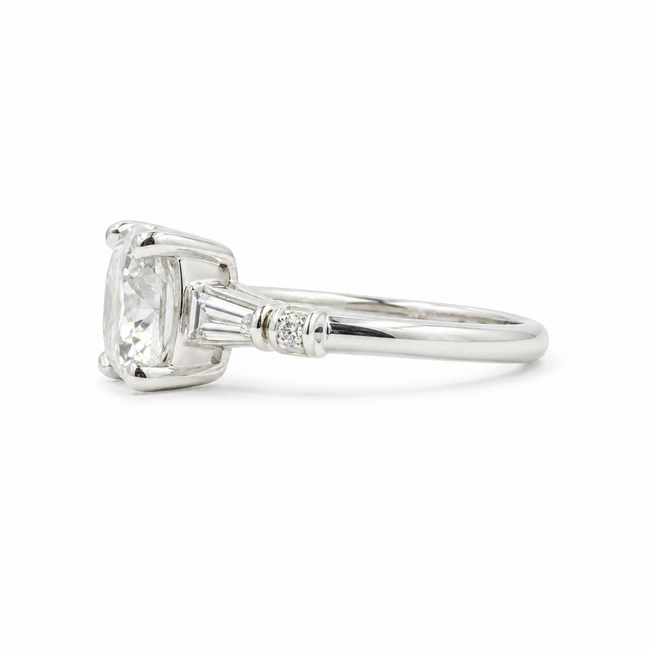 Ring Engagement 1.35ct Cushion Lab Grown Diamond IGI: 722549429 .16ctw Round & Baguette Diamonds Plat 2mm Sz5 3.7g 125100051